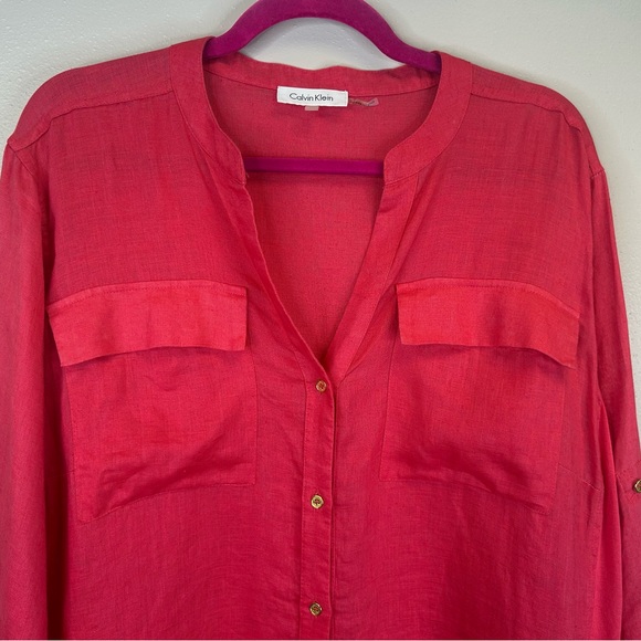 Calvin Klein XL/0X Women's Linen Vibrant Pink Coral Blouse Spring summer casual - Picture 5 of 11